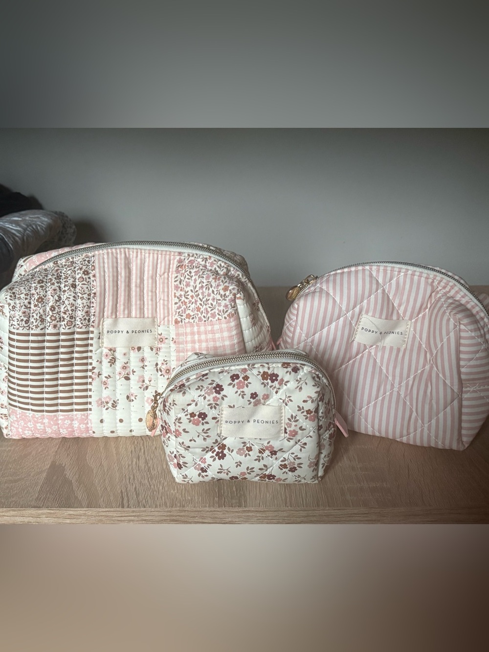 Poppy & Peonies Pink and Cream Floral Quilted Cosmetic Pouch Set